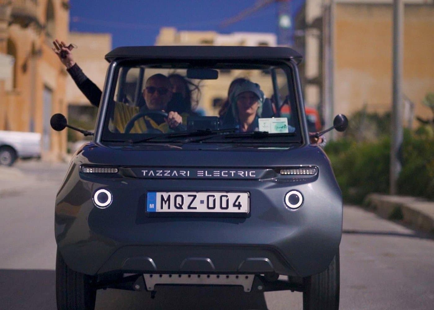 Self-drive e-jeep convoy on a Gozo track with a tour leader ahead.